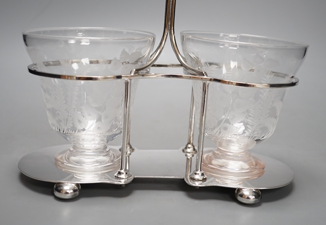 A late Victorian engraved glass and electroplate sugar and cream stand - 26cm tall
